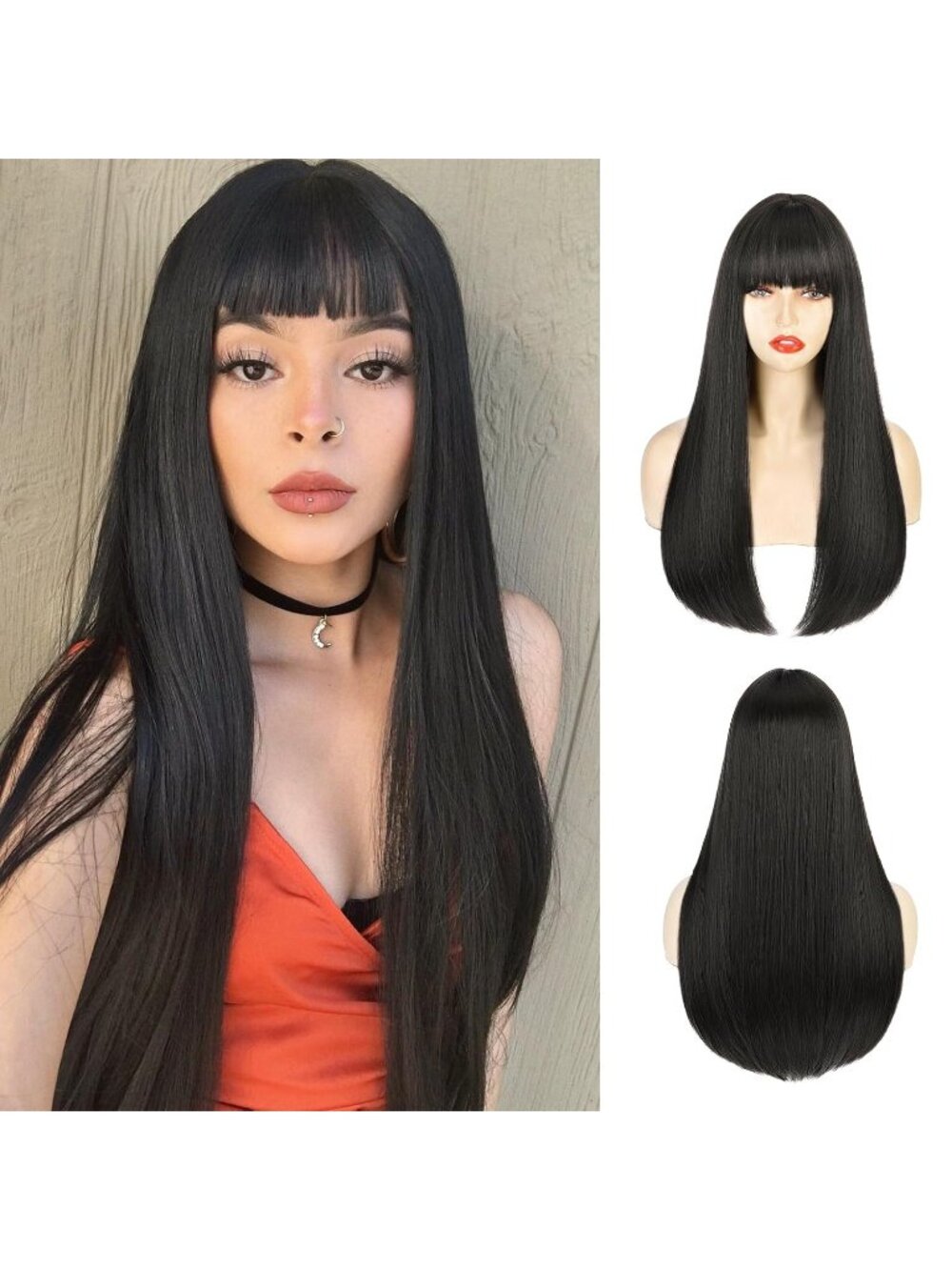 Women's Black 22 Inch Heat Resistant Synthetic Long Straight Wigs Bangs